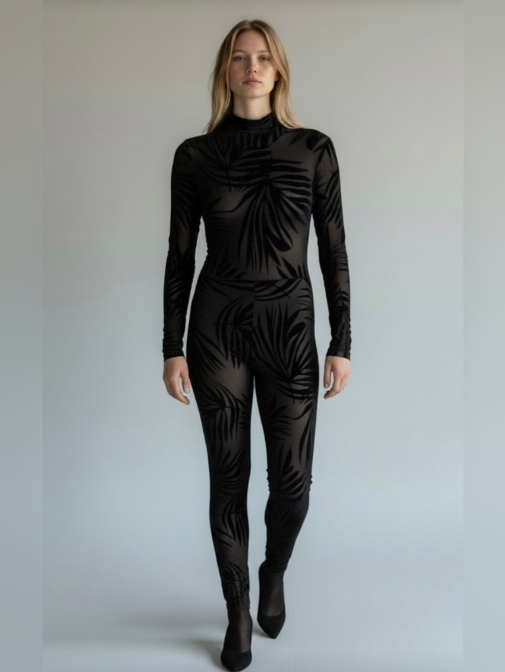 DARING BLACK SHEER NET WITH FAUX VELVET LEAVES 1 PC JUMPSUIT, ONESIE! SZ S